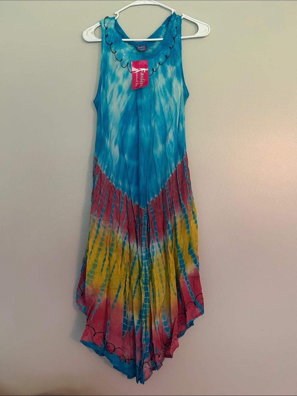 Tie-Dye Sleeveless Handkerchief Hem Dress - Blue, Pink, Yellow